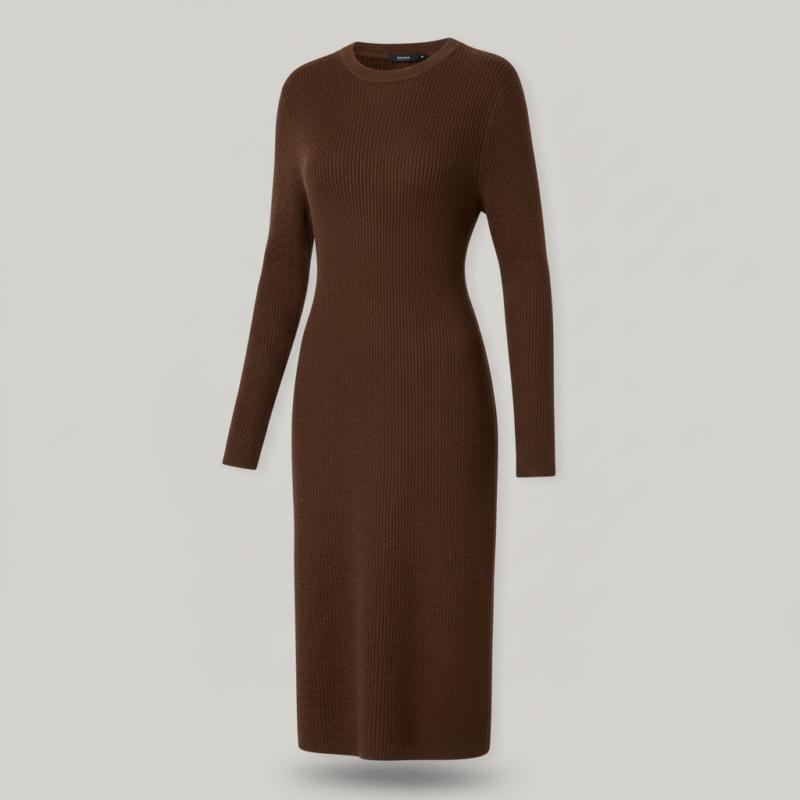 Dunkelbraunes Rippstrick Midikleid Damen Langarm 3