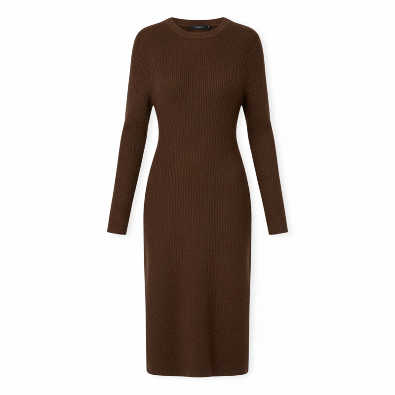 Dunkelbraunes Rippstrick Midikleid Damen Langarm1