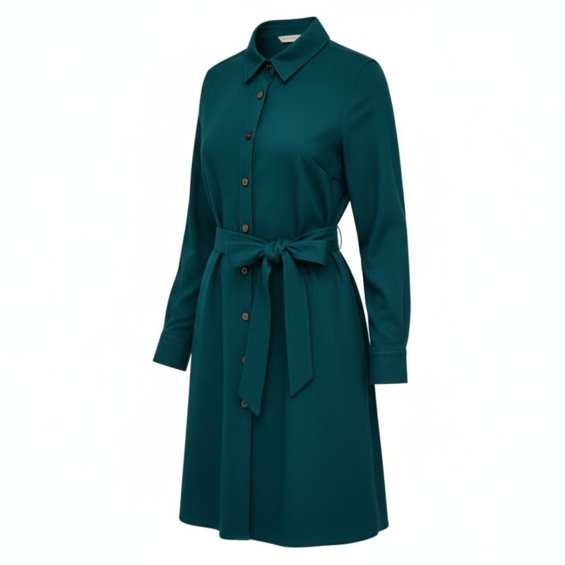 Dunkelpetrol Hemdblusenkleid Damen – Weiches mattes Gewebe Taillengurtel Knopfleiste 5